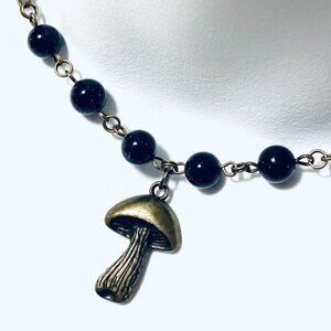 Dark Blue Goldstone Bronze Link Adjustable Short Necklace w/ Slim Mushroom Charm